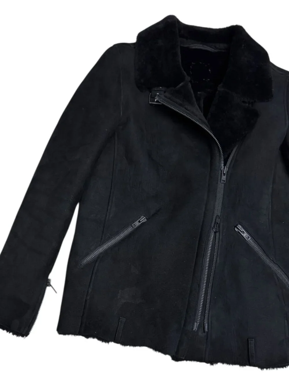 100% LAMB SHEARLING Just Female Vintage Luxury Jacket Coat Bomber Womens Small